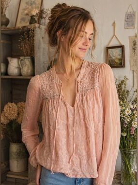 Anthro Tiny Blush Pink Embroidered Boho Blouse XS Sheer Sleeve Textured Top